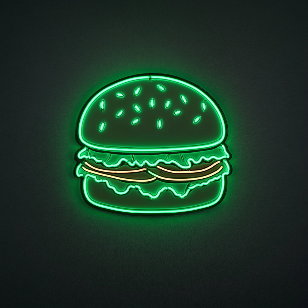 Hamburger with Lettuce and Tomato - Green Neon Sign, 24 Inches