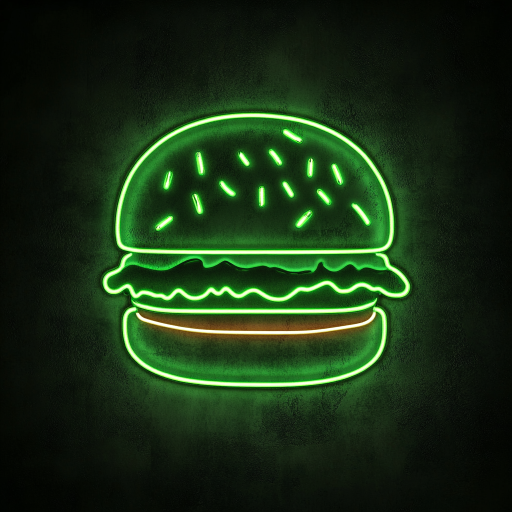 Hamburger with Lettuce and Tomato - Green Neon Sign, 18 Inches