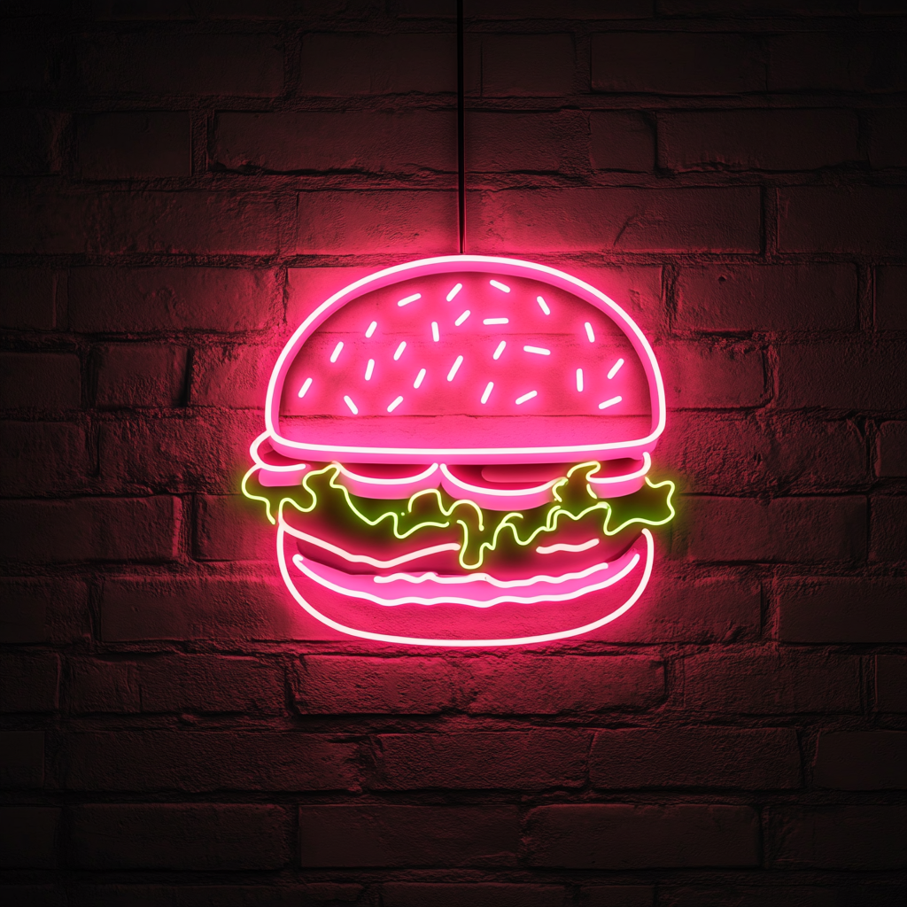 Hamburger with Lettuce and Tomato - Pink Neon Sign, 18 Inches