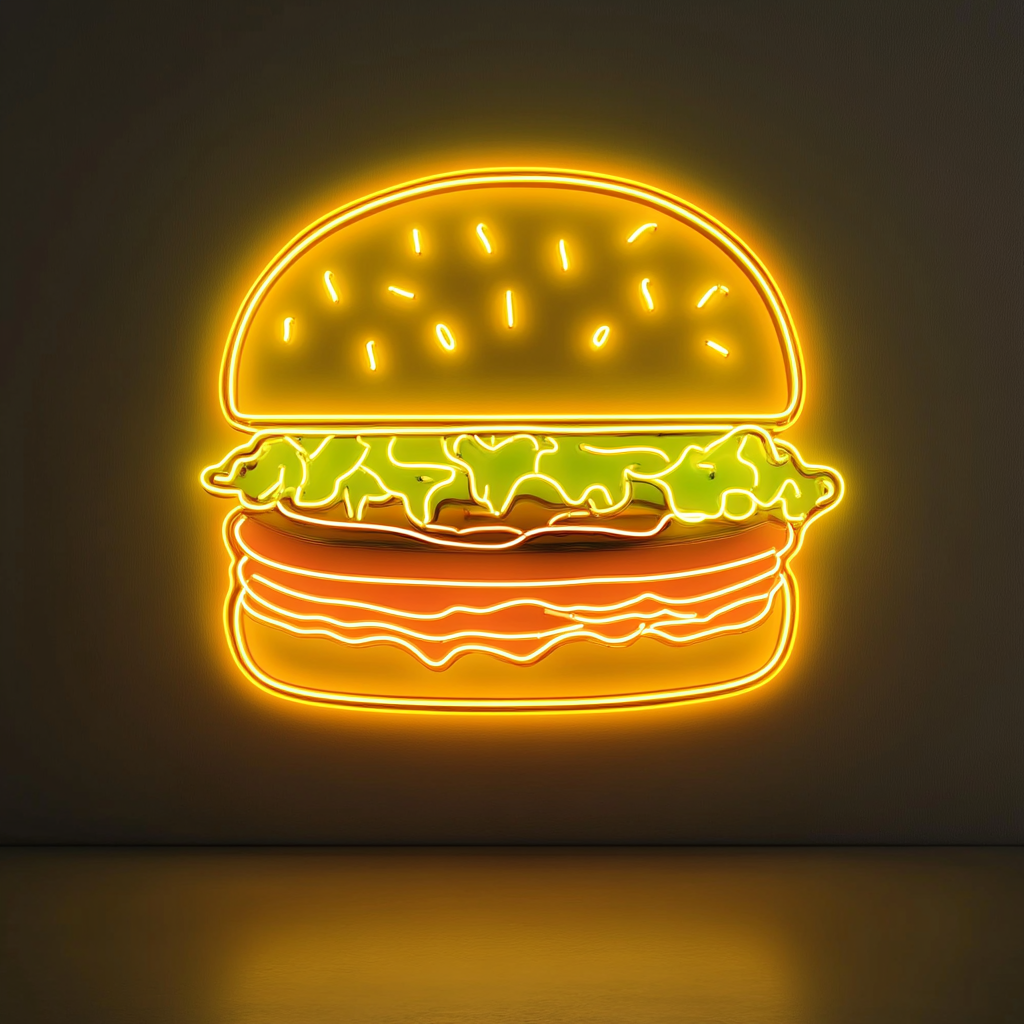 Hamburger with Lettuce and Tomato - Yellow Neon Sign, 24 Inches