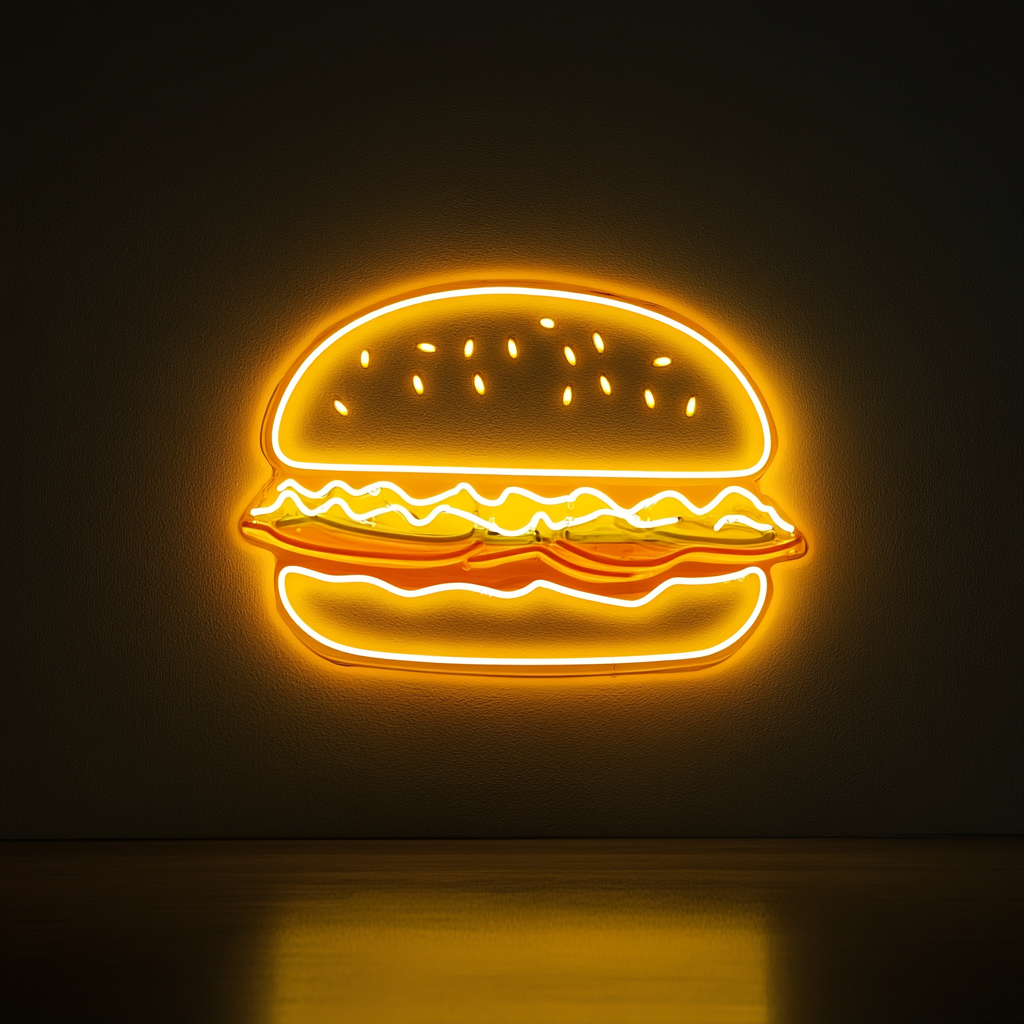Hamburger with Lettuce and Tomato - Yellow Neon Sign, 24 Inches
