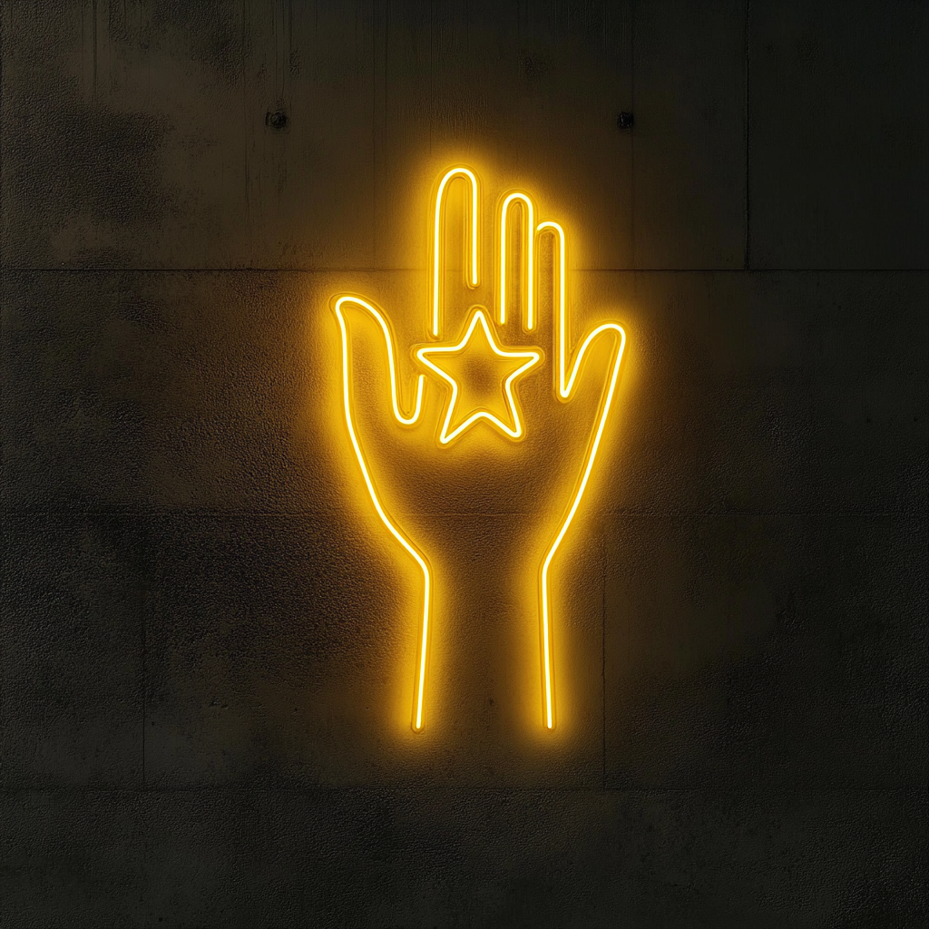 Hand Holding Star - Yellow Neon Sign, 24 Inches