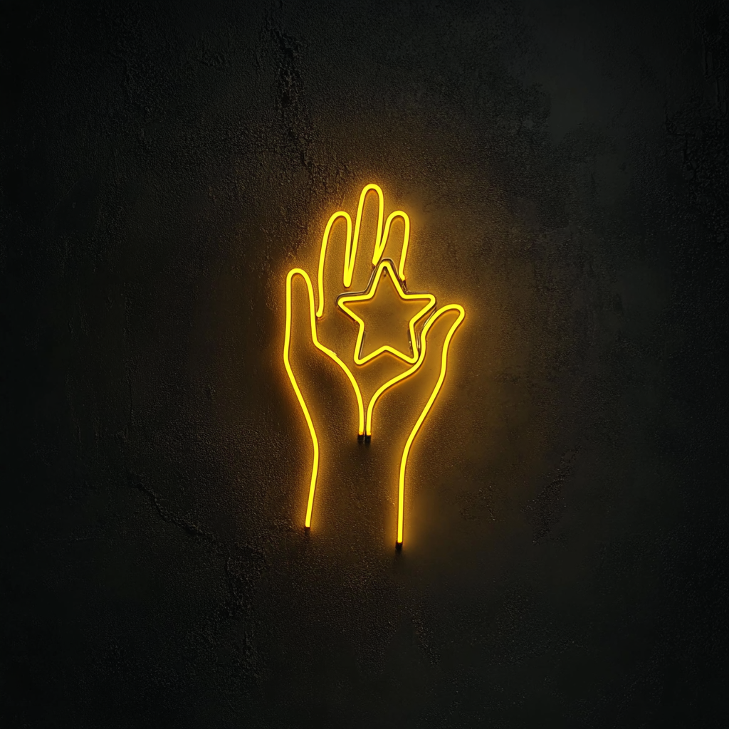 Hand Holding Star - Yellow Neon Sign, 24 Inches