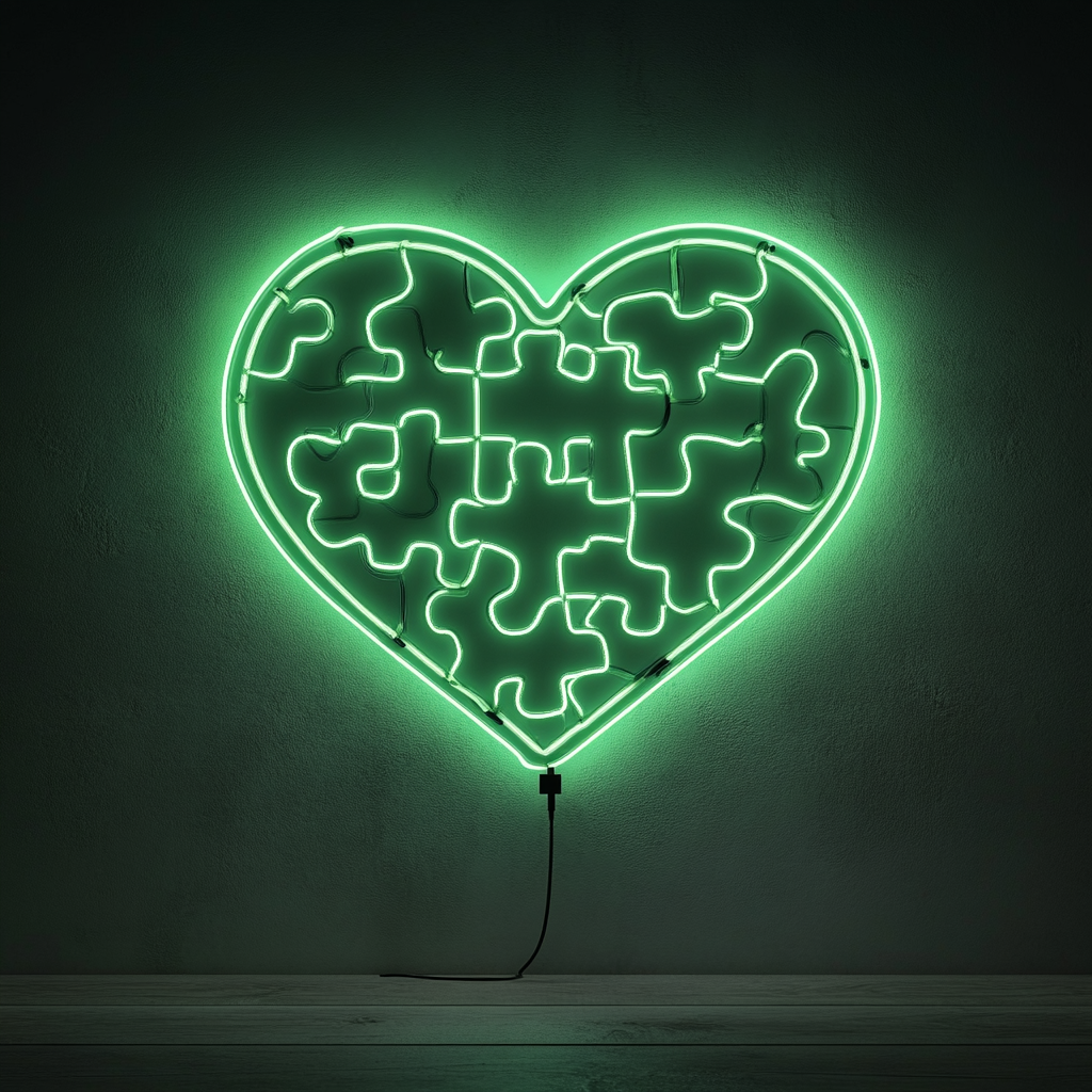 Heart Puzzle - Green Neon Sign, 24 Inches
