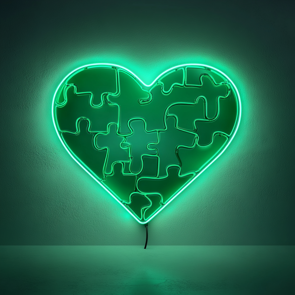 Heart Puzzle - Green Neon Sign, 24 Inches