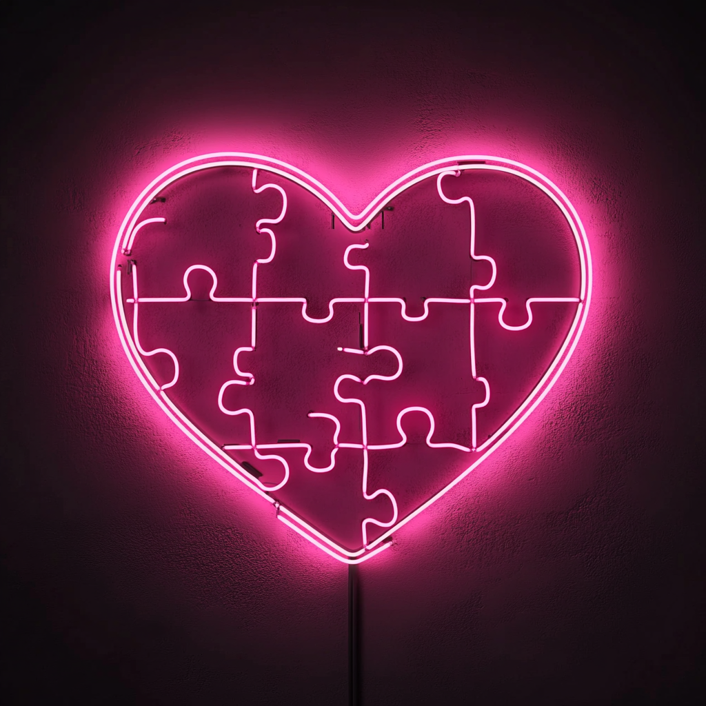 Heart Puzzle - Pink Neon Sign, 18 Inches