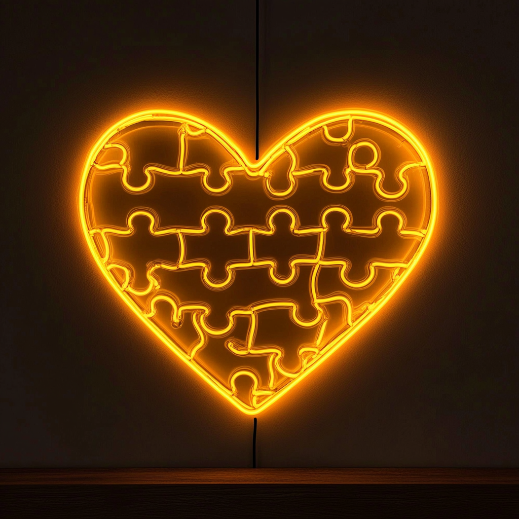 Heart Puzzle - Yellow Neon Sign, 24 Inches