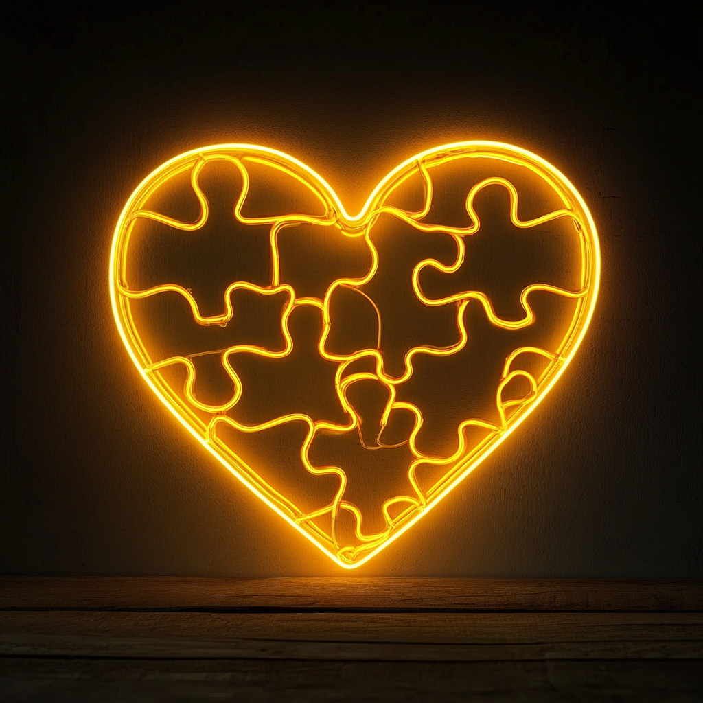 Heart Puzzle - Yellow Neon Sign, 24 Inches