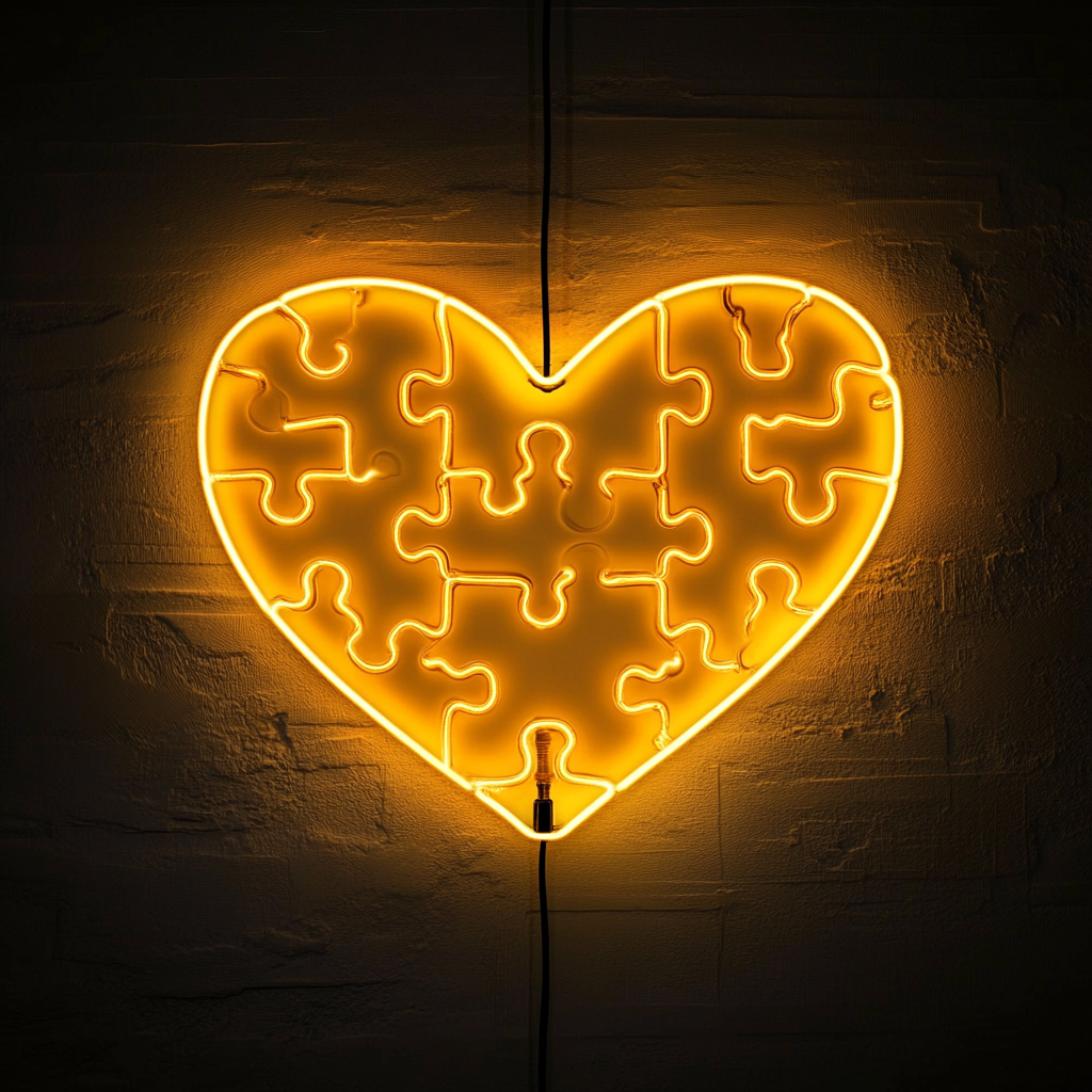 Heart Puzzle - Yellow Neon Sign, 24 Inches