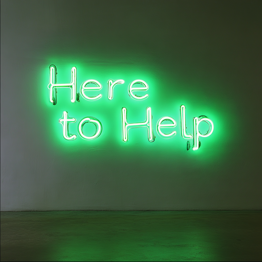 "Here to Help" - Green Neon Sign, 18 Inches