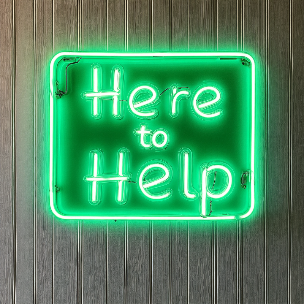 "Here to Help" - Green Neon Sign, 18 Inches