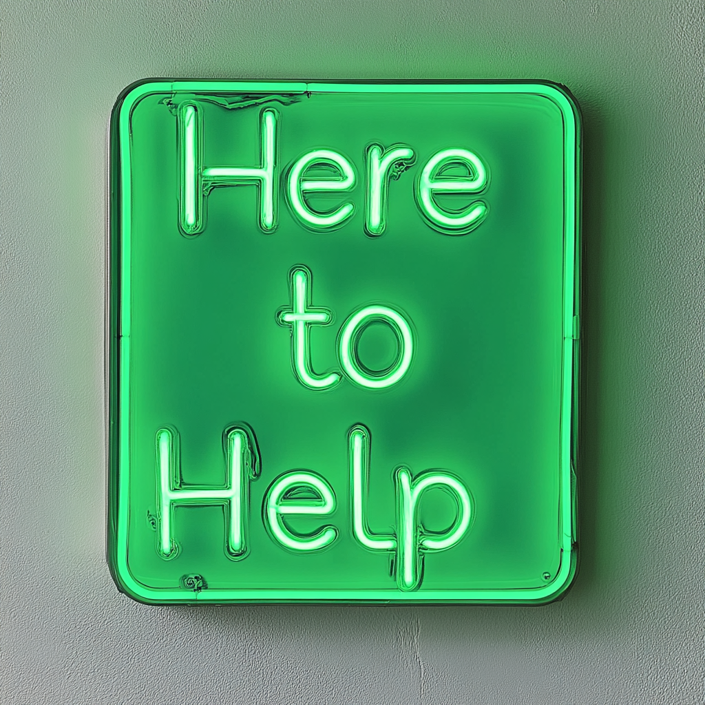 "Here to Help" - Green Neon Sign, 18 Inches