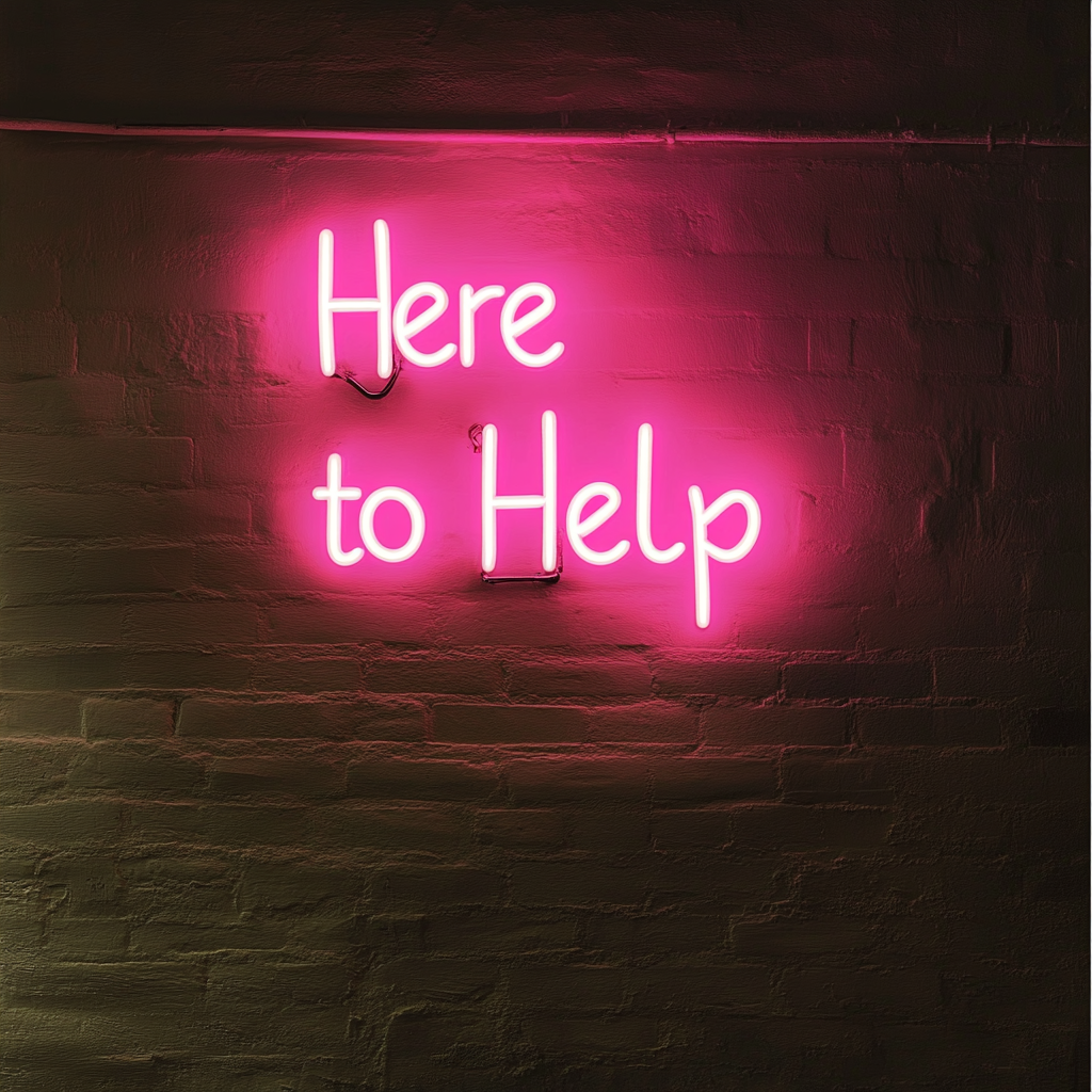"Here to Help" - Pink Neon Sign, 18 Inches