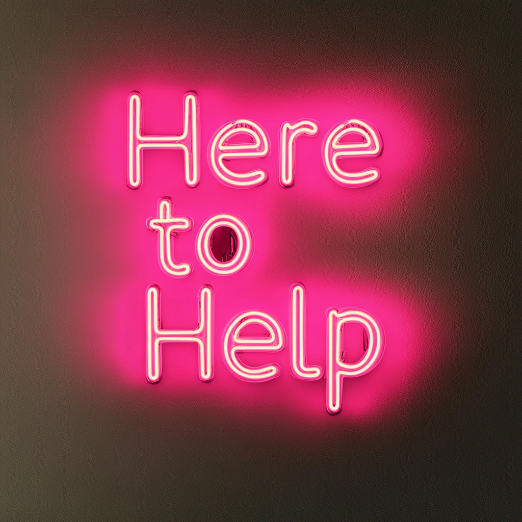 "Here to Help" - Pink Neon Sign, 18 Inches