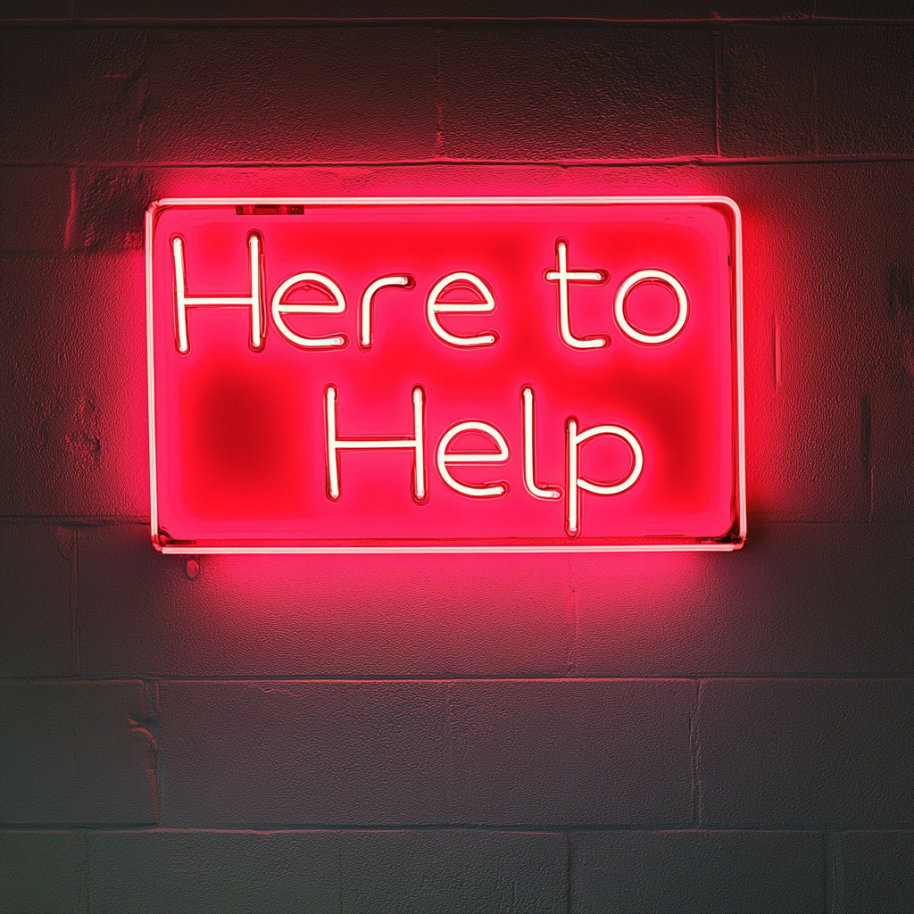 "Here to Help" - Red Neon Sign, 24 Inches