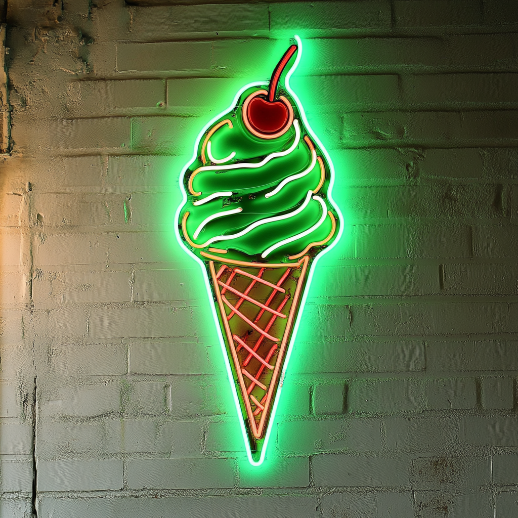 Ice Cream Cone with Cherry - Green Neon Sign, 18 Inches