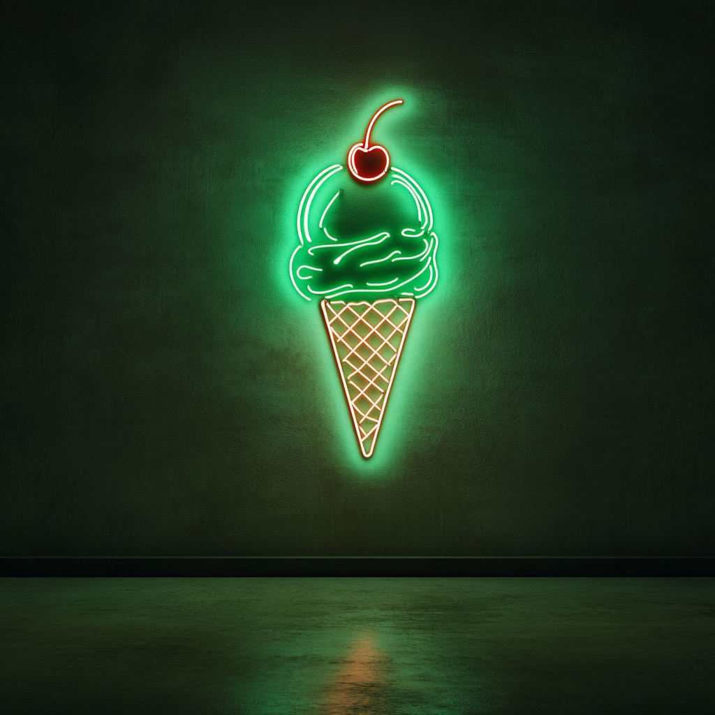 Ice Cream Cone with Cherry - Green Neon Sign, 18 Inches