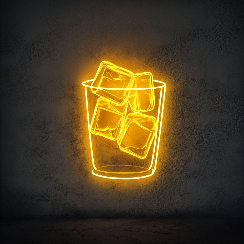 Ice Cubes in Glass - Yellow Neon Sign, 24 Inches