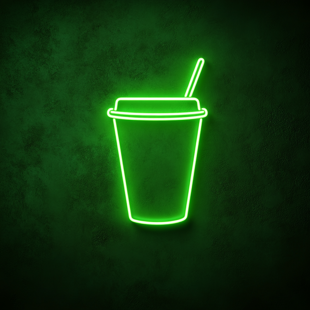 Iced Coffee Cup with Straw - Green Neon Sign, 18 Inches