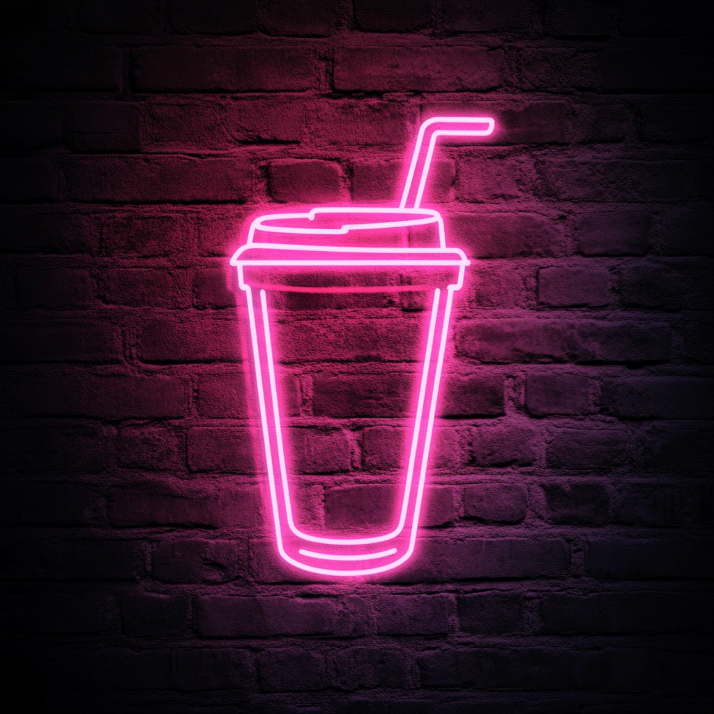 Iced Coffee Cup with Straw - Pink Neon Sign, 18 Inches