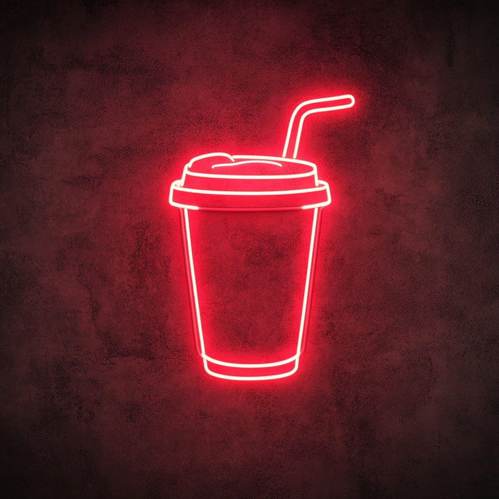 Iced Coffee Cup with Straw - Red Neon Sign, 24 Inches