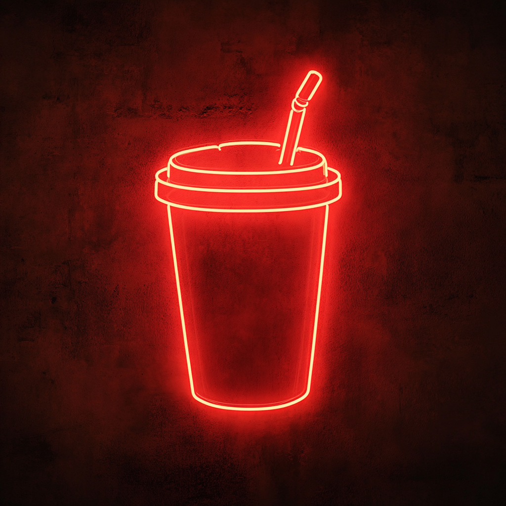 Iced Coffee Cup with Straw - Red Neon Sign, 18 Inches