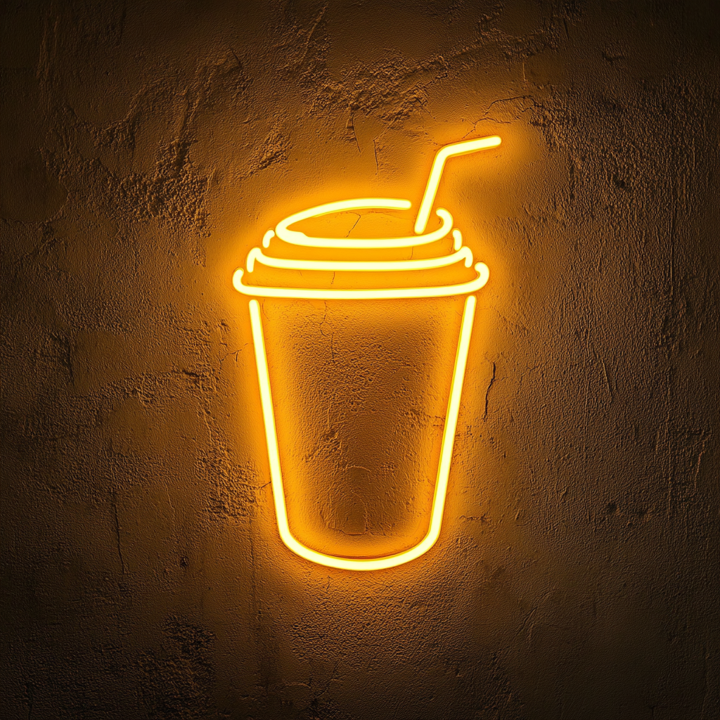 Iced Coffee Cup with Straw - Yellow Neon Sign, 18 Inches