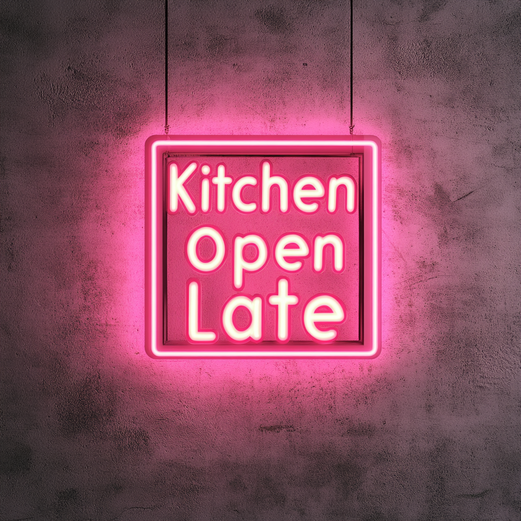 "Kitchen Open Late" - Pink Neon Sign, 24 Inches