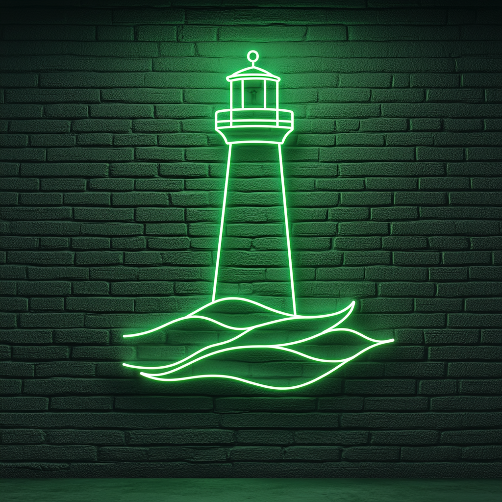 Lighthouse with Waves - Green Neon Sign, 24 Inches