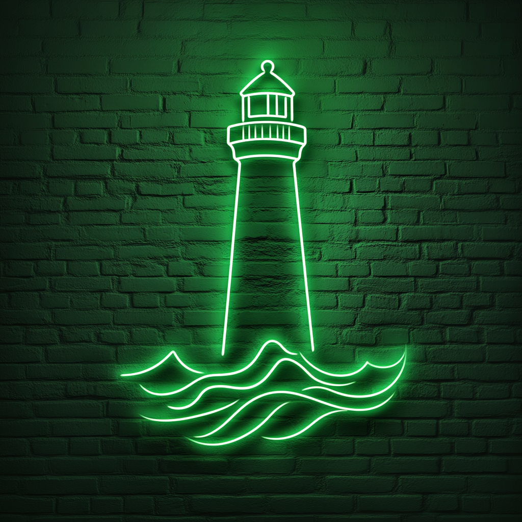 Lighthouse with Waves - Green Neon Sign, 18 Inches