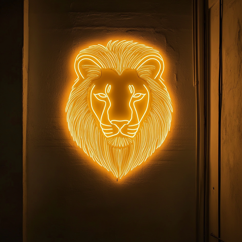 Lion Face - Yellow Neon Sign, 18 Inches