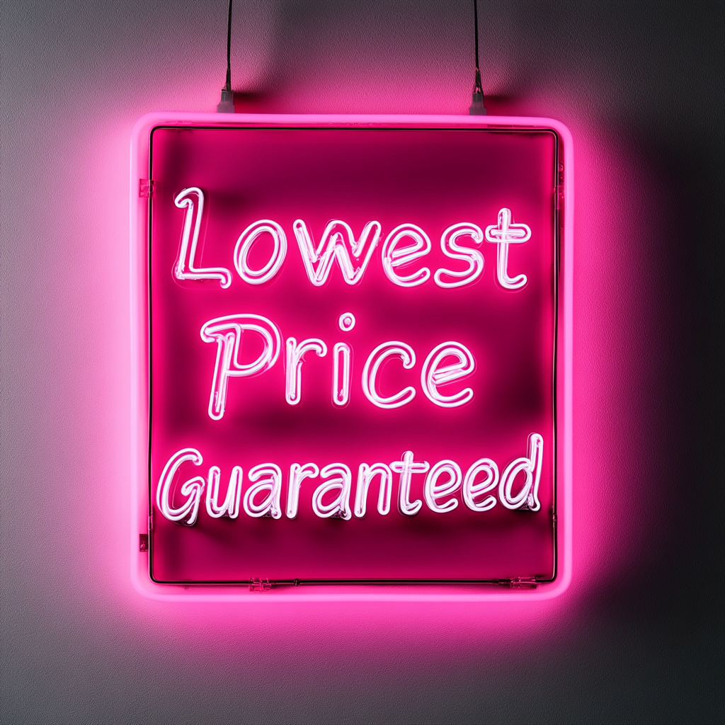 "Lowest Price Guaranteed" - Pink Neon Sign, 24 Inches