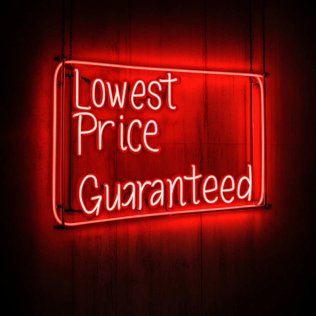 "Lowest Price Guaranteed" - Red Neon Sign, 24 Inches