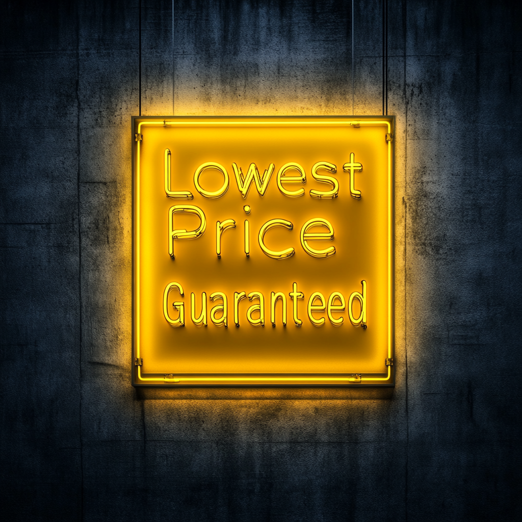 "Lowest Price Guaranteed" - Yellow Neon Sign, 24 Inches