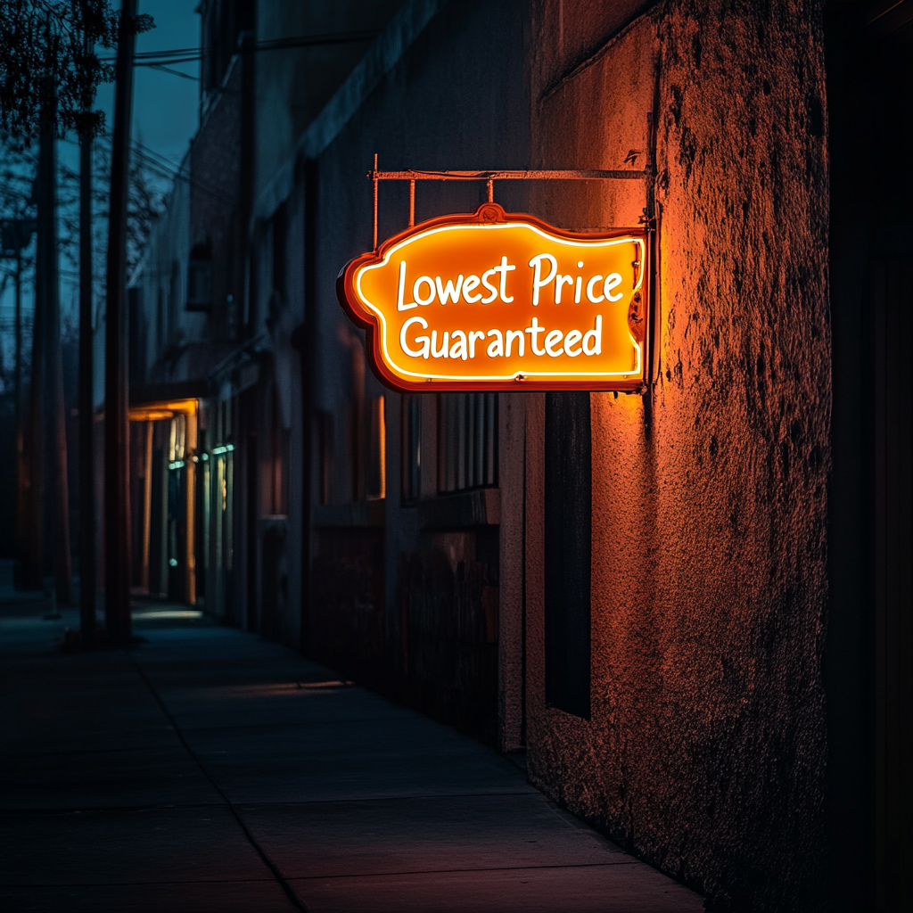 "Lowest Price Guaranteed" - Yellow Neon Sign, 24 Inches