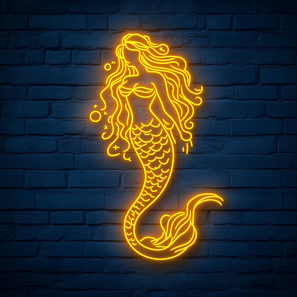Mermaid with Waves - Yellow Neon Sign, 18 Inches