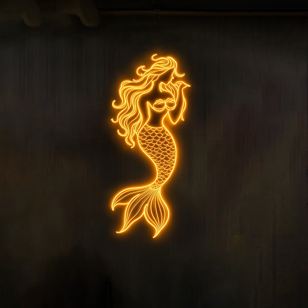 Mermaid with Waves - Yellow Neon Sign, 18 Inches