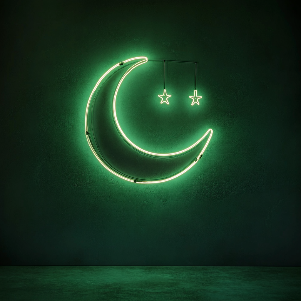 Moon and Stars - Green Neon Sign, 24 Inches