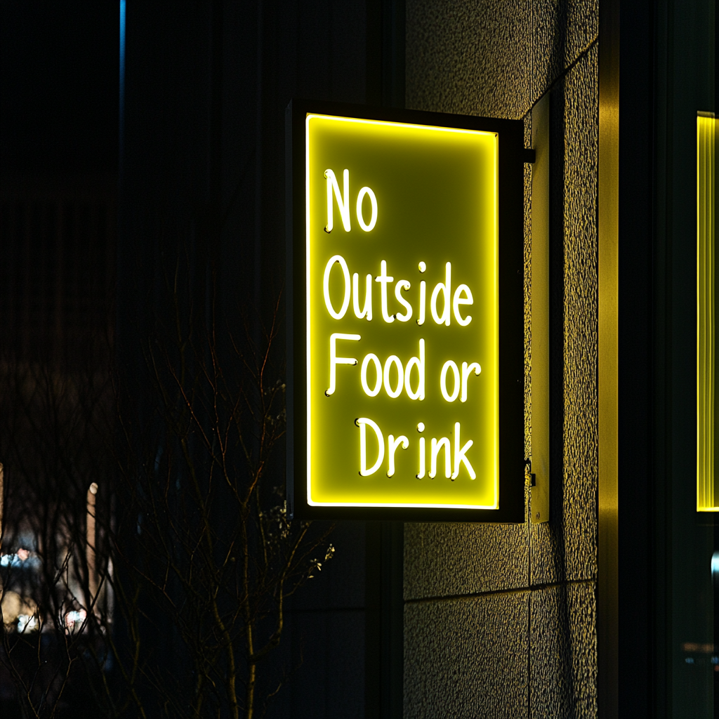 No Outside Food or Drink - Yellow Neon Sign, 18 Inches