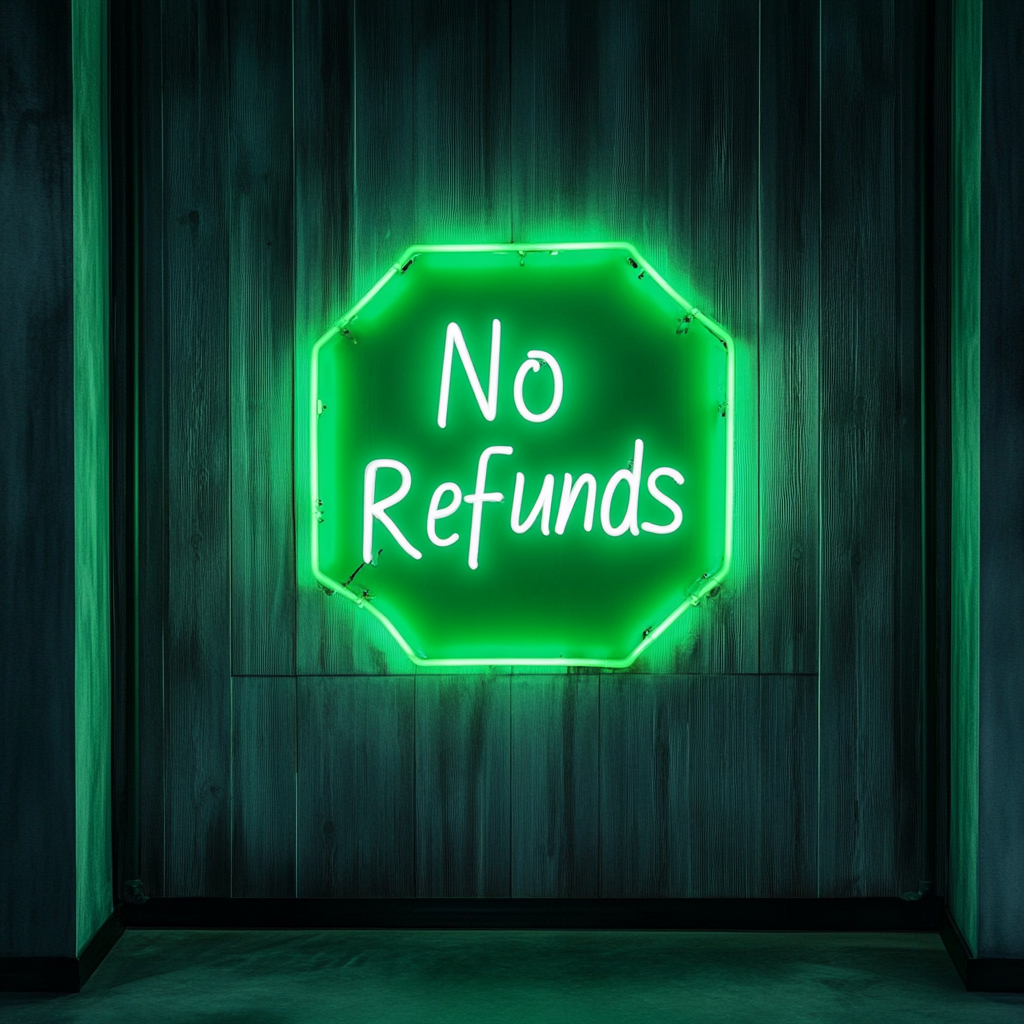 No Refunds - Green Neon Sign, 24 Inches