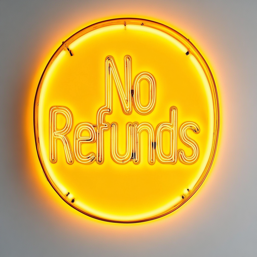 No Refunds - Yellow Neon Sign, 18 Inches