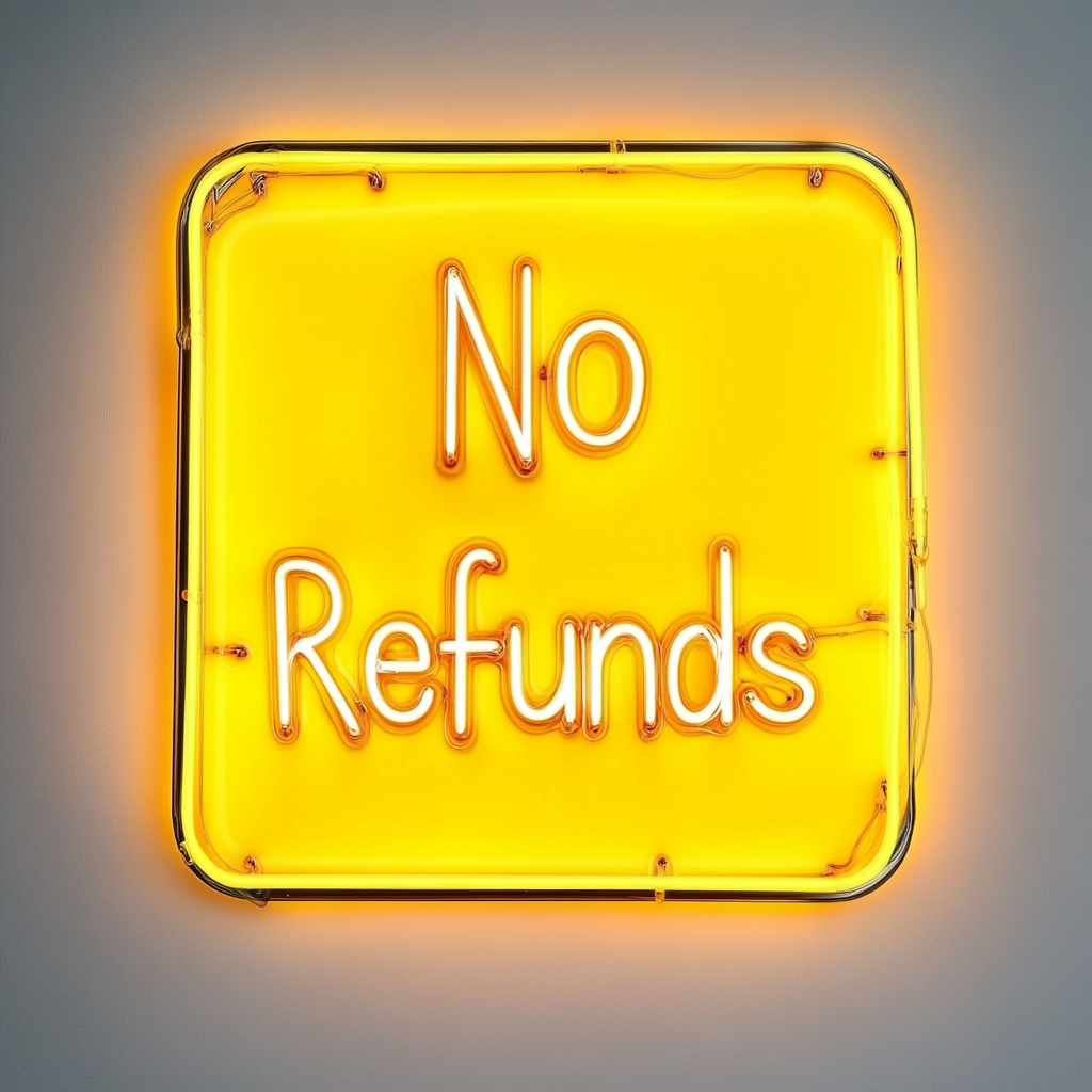No Refunds - Yellow Neon Sign, 24 Inches