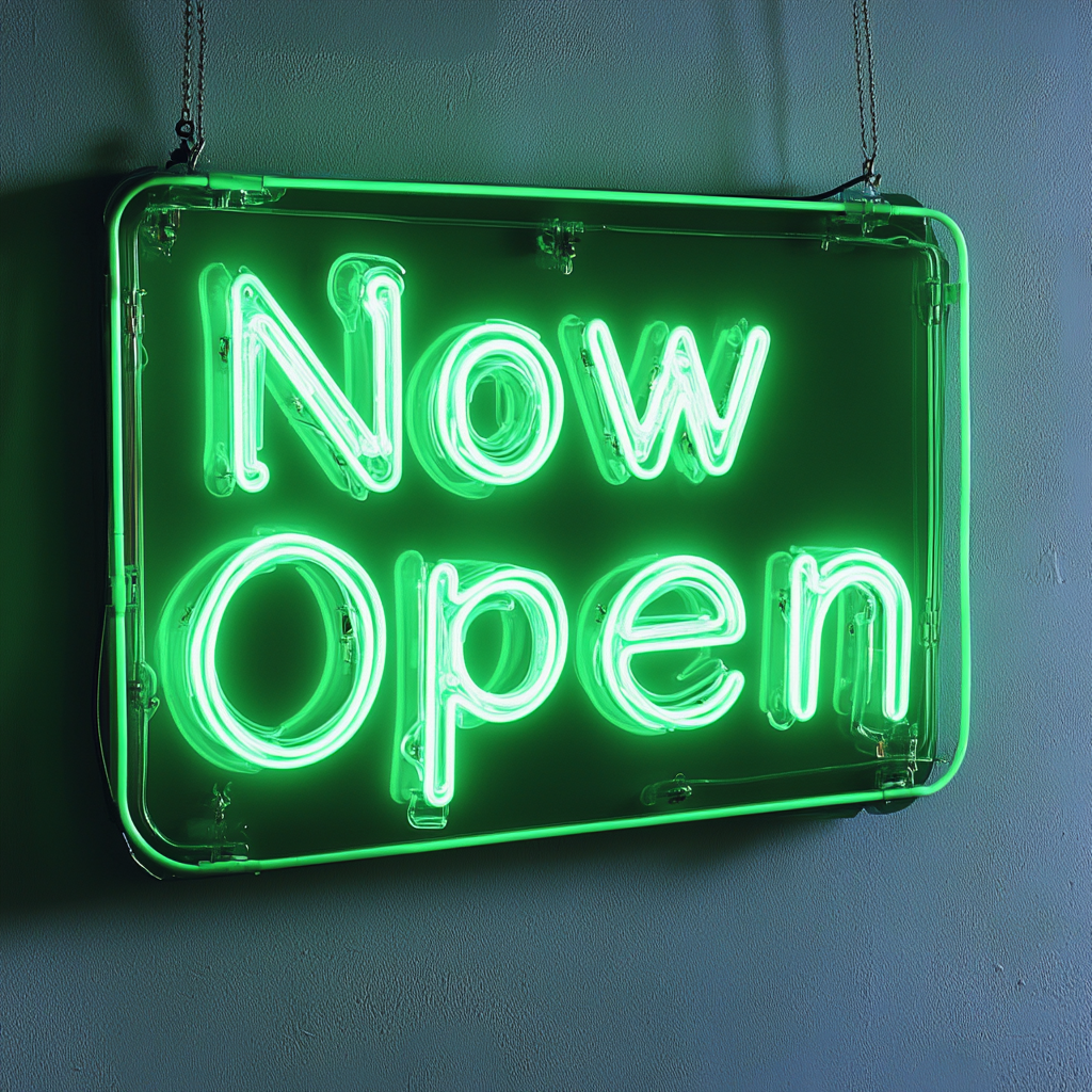 Now Open - Green Neon Sign, 18 Inches