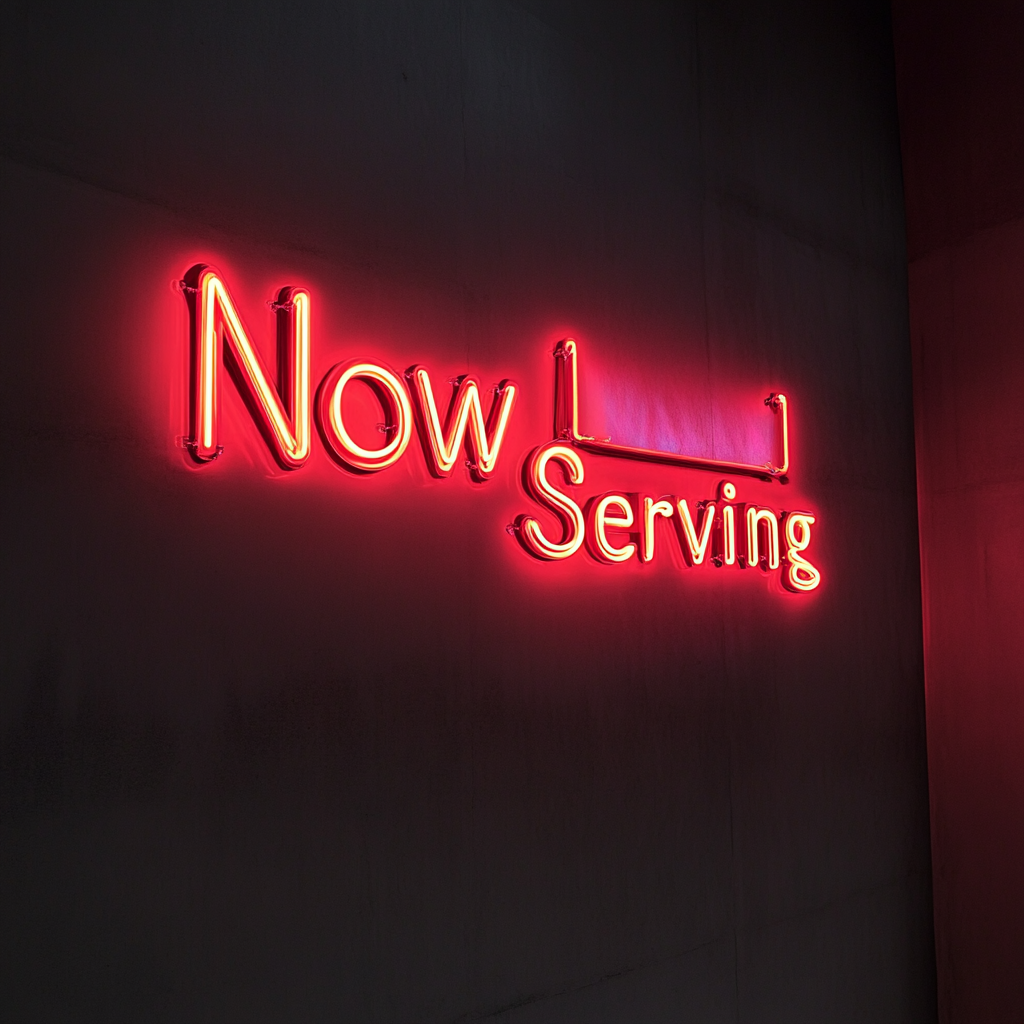 Now Serving - Red Neon Sign, 24 Inches