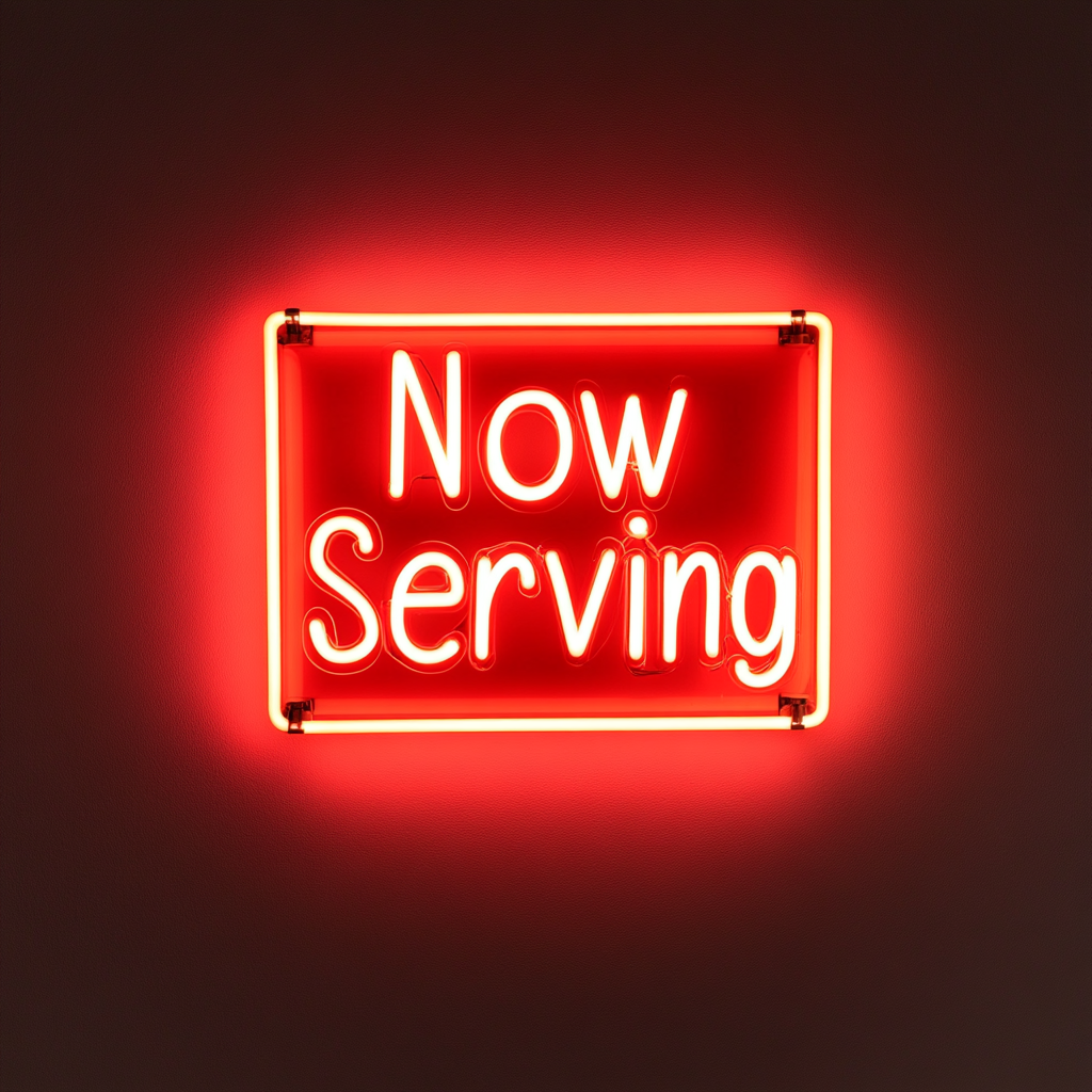 Now Serving - Red Neon Sign, 24 Inches