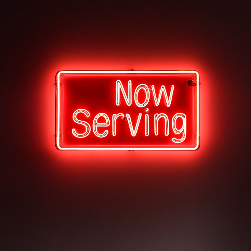 Now Serving - Red Neon Sign, 24 Inches