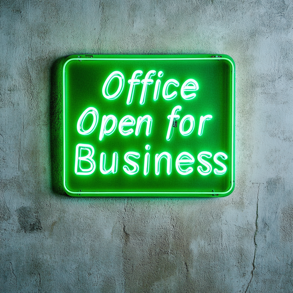 "Office Open for Business" - Green Neon Sign, 24 Inches