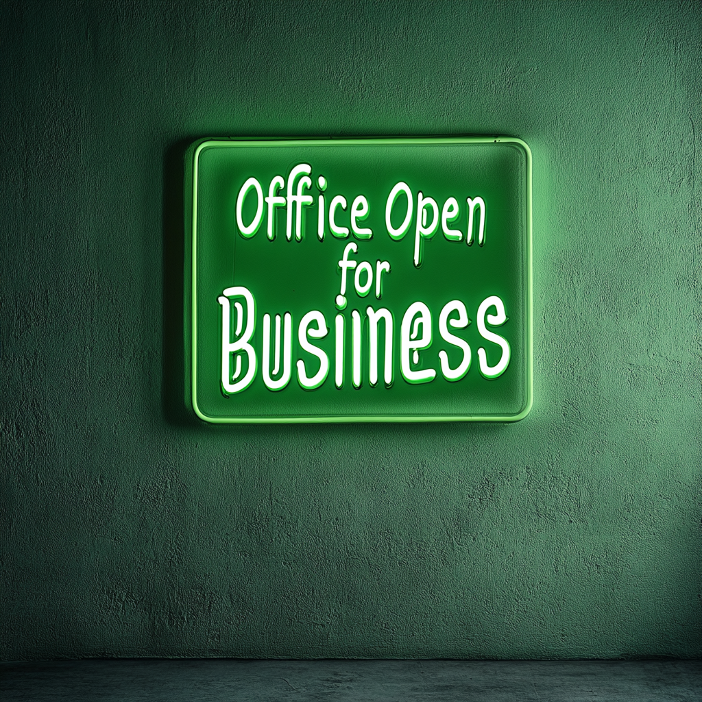 "Office Open for Business" - Green Neon Sign, 24 Inches