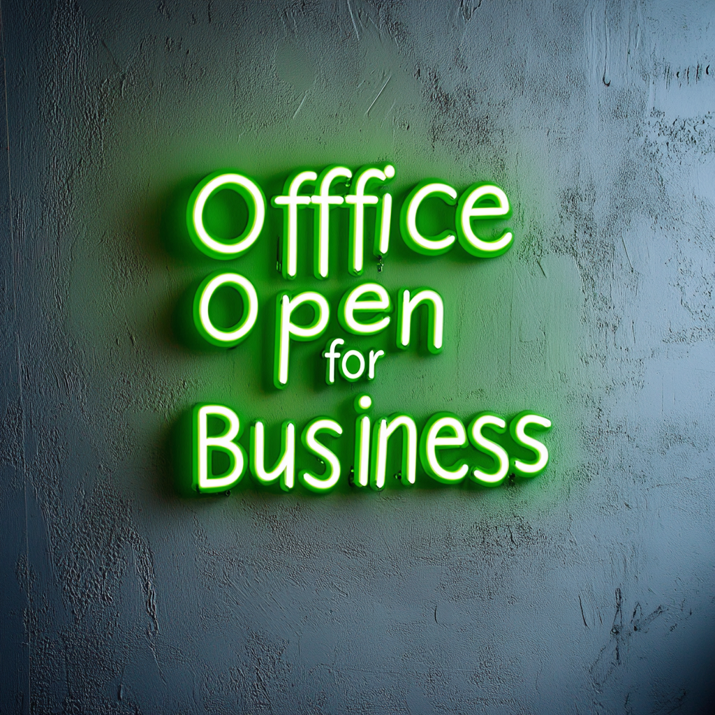 "Office Open for Business" - Green Neon Sign, 24 Inches