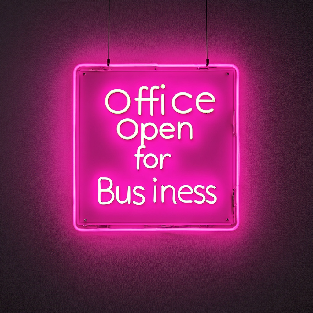 "Office Open for Business" - Pink Neon Sign, 24 Inches
